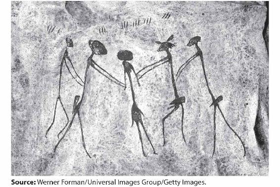 A photo of Rock art from Tanzania shows a woman and four men dancing.