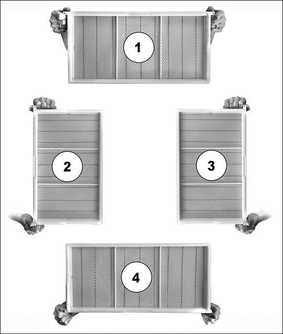 Picture depicting four correct ways to inspect both sides of a frame: 1. Hold the frame firmly by the tabs at either end of the top bar. 2. Slowly turn the frame vertically. 3. Then turn the frame like a page of a book. 4. Return it to the horizontal position.