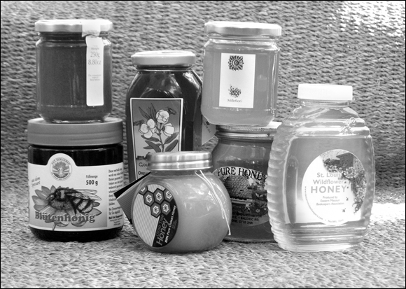 Photograph displaying some of the honey varietals from around the world that are in honey connoisseur Marina Marchese’s collection.