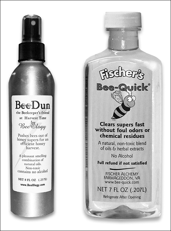 Chemical products such as Bee-Dun or Fischer’s Bee-Quick that effectively repel the bees but are nonhazardous and made entirely from natural ingredients - a safe and fast way to get bees out of honey supers.