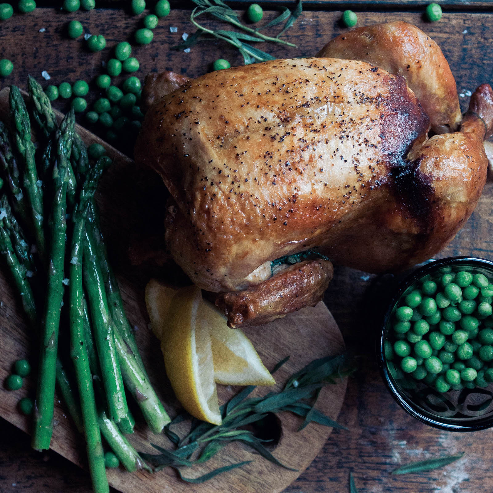 Photo of Roast Chicken, Asparagus, and Peas in Tarragon Cream.