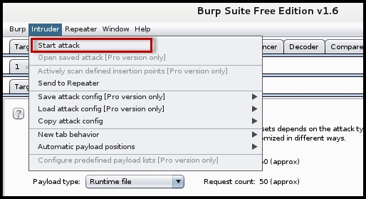 Fuzzing using Burp intruder