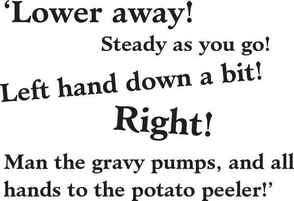 Lower away! Steady as you go! Left hand down a bit! Right! Man the gravy pumps, and all hands to the potato peeler!