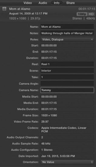 Figure 17.3 Clip Information in Apple’s Final Cut Pro X Editing Application.