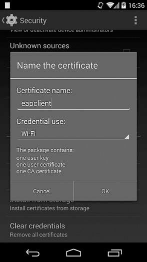 Setting the credential owner to Wi-Fi in the PKCS#12 import dialog