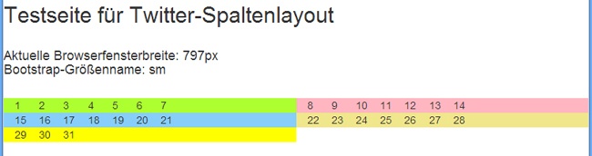 Testseite mit 31 Spalten in Größe sm