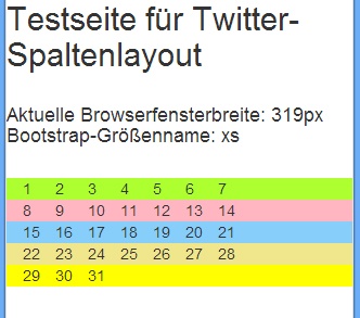 Testseite mit 31 Spalten in Größe xs