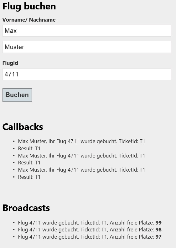 Diese Webseite gibt dem Benutzer die Möglichkeit, Flüge zu buchen, und zeigt darüber hinaus erhaltene Rückgabewerte und Benachrichtigungen an