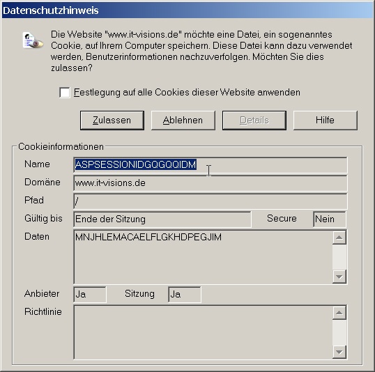 Anzeige des Sitzungscookies im Internet Explorer