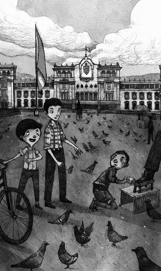 Illustration: A big, wide plaza dotted with resting pidgeons. In the middle of it Davico and his brother Felipe speak with a shoeshine boy. In the background is a grand state building, in front of which stands a huge flag waving from its flagpole.