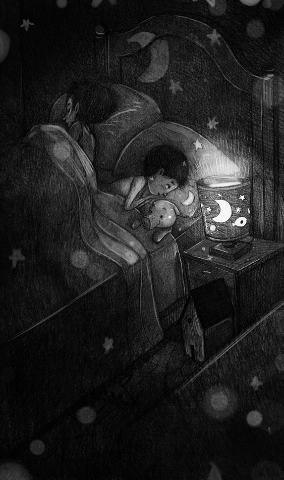 Illustration: Davico curled up in bed with a stuffed pig plush toy. The room is dark, but a small lamp on his bedside table sheds some weak light on the surroundings. The lamp has a decorative revolving shade that causes the images of moons and stars to be cast around the bedroom.