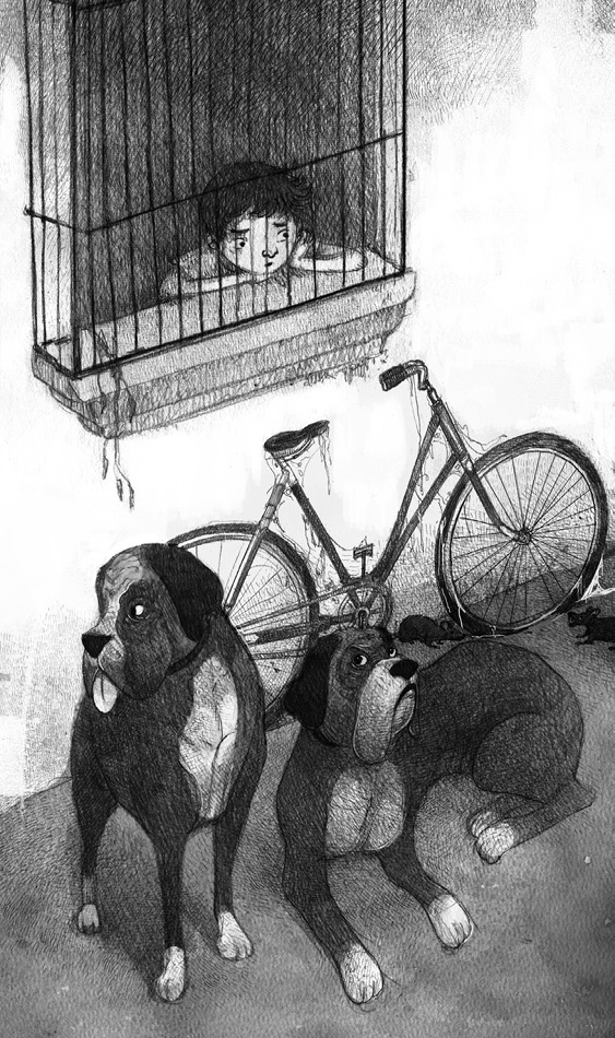 Illustration: Davico rests his head on his folded arms as he stares out a barred window. Outside, beneath the window, rest two burley dogs. A disused bicycle leans up against the outside wall.