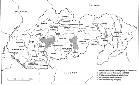 Source: A History of Slovakia, Stanislav J. Kirschbaum, St. Martin's Press, 1995. © Stanislav J. Kirschbaum. Reprinted with permission of St. Martin's Press, LLC. Map: Slovak Counties in Nineteenth-Century Austro-Hungary.