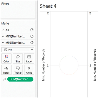 A screenshot of the Tableau which appears to have an empty canvas is shown. In the Marks card, a single field SUM (Number...) is set to Angle.