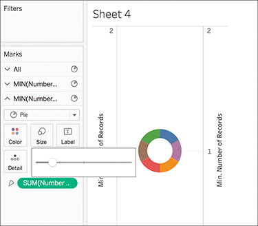 A screenshot of the Tableau interface shows a donut chart in its canvas area. In the Marks card, a single field "SUM (Number...) is set to Angle. A range slider is shown with its pointer placed near the left end.