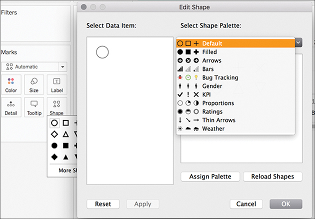 A screenshot shows the Shape Palette of the Marks card.