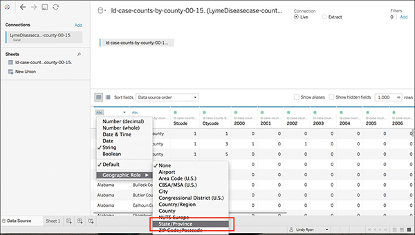 A screenshot of the Tableau interface illustrates the use of the data type icon.