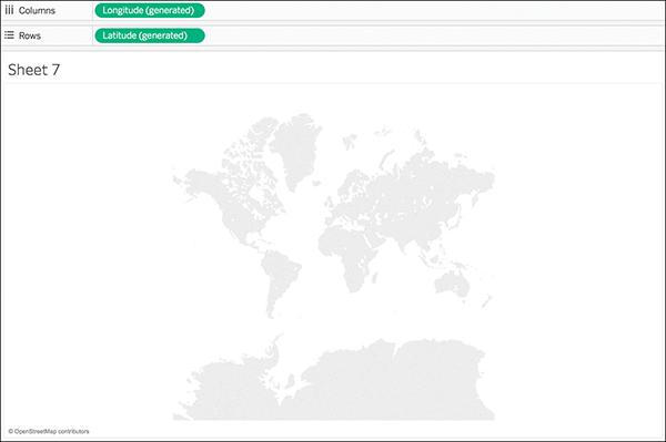 A portion of the Tableau interface is shown with the Columns shelf set to Longitude and the Rows shelf set to Latitude. The canvas area shows an outline of the world map.