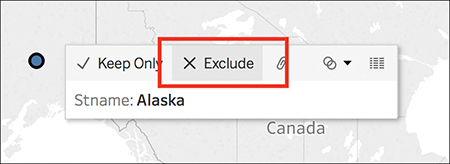 A screenshot shows a pop-up menu beside a data point on the map. The menu has two options: Keep only and Exclude. The Exclude option is marked with a rectangular box.