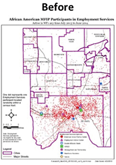 A figure shows an outline of the Ramsey county of the state of Minnesota with data related to participants in employment services, filled with red dots to indicate the population data. The map looks splashed with red color.