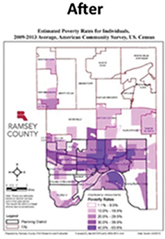 A figure shows an outline of the Ramsey county of the state of Minnesota with data related to poverty using gradients of purple. The map looks neutral and subtle.