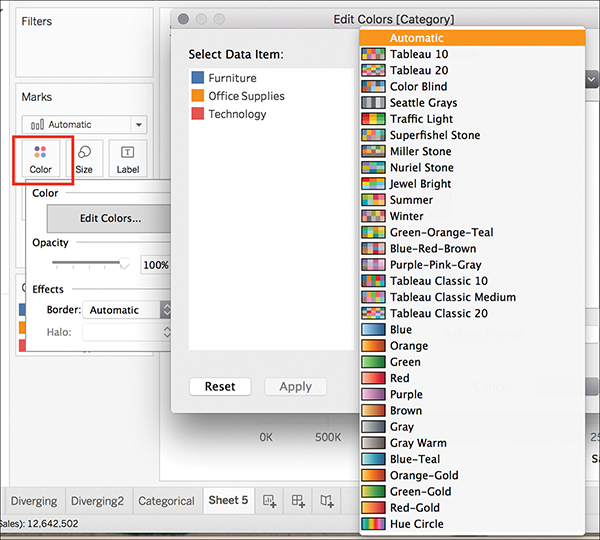 A screenshot shows the Tableau interface's default color library.