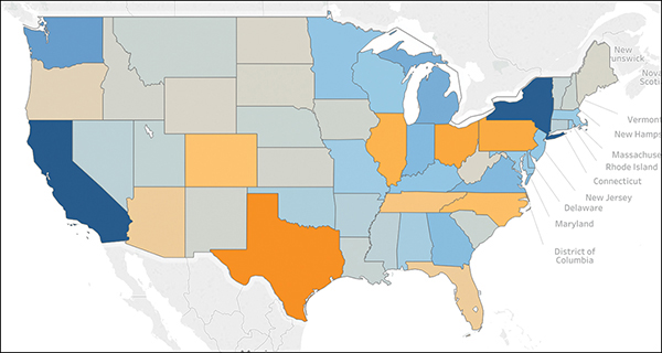 A screenshot of the Tableau interface's canvas area showing a choropleth map of the U.S. The labels of the state names inside the state boundary are not visible, while the names pointed out and labeled are visible.