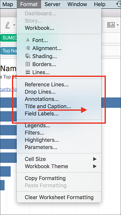 A screenshot shows the Format menu of the Tableau interface.