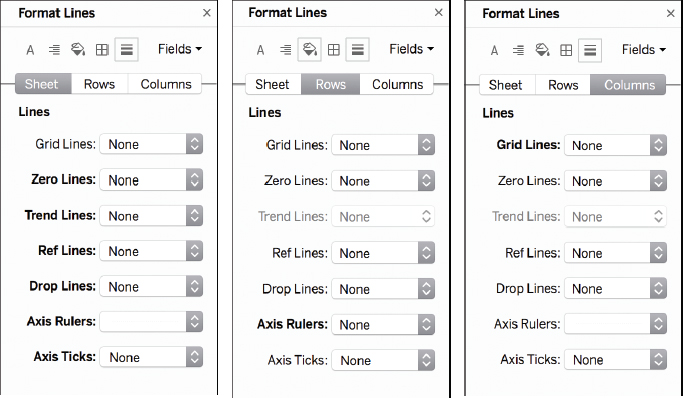 A collage of three screenshots shows the three different tabs of the Format lines pane.