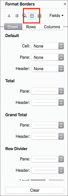 A screenshot of the Format Borders pane of the Tableau interface is shown, which contains five icons for Text, Alignment, Fill Color, Border, and Lines. The Border icon is marked with a square box.