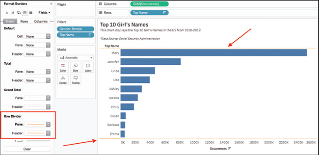 A screenshot of the Tableau interface illustrates the use of Row Dividers in border formatting.