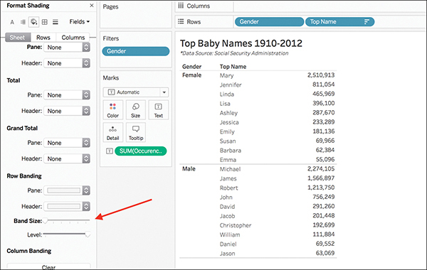 A screenshot of the Tableau interface with the table Top Baby Names 1910 to 2012 is shown.