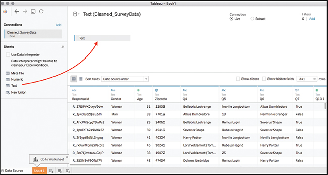 A screenshot of the Tableau interface with the survey data loaded.