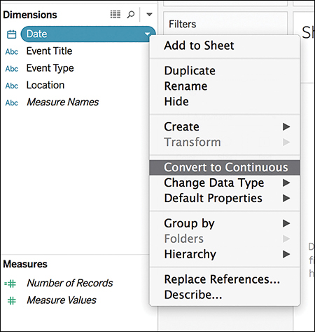 A screenshot shows how to set the Date field as "continuous."