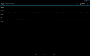 ActionBarDemo, on Android 4.3 Large Screen, with Overflow