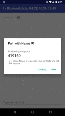 RxEcho Client, Showing the Pairing Dialog