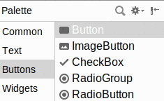 Widgets Palette, Button Shown Highlighted