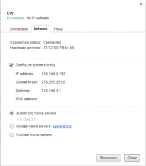 Chrome OS Settings, Internet Connection Dialog, Network Tab