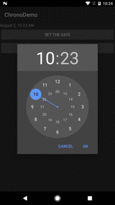 ChronoDemo, Showing TimePickerDialog