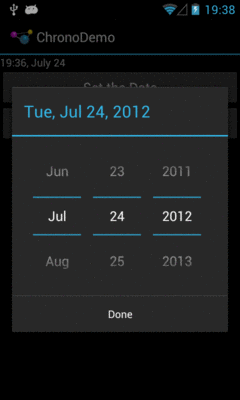 ChronoDemo, Showing DatePickerDialog, on Android 4.1