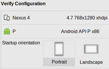 Virtual Device Configuration, Showing Startup orientation Options