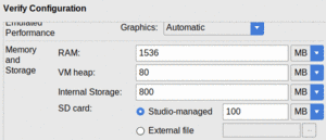 Virtual Device Configuration, Showing Memory and Storage Options