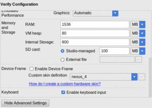 Virtual Device Configuration, Showing Enable keyboard input Checkbox