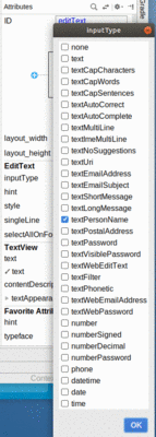 Android Studios Text Fields InputType List