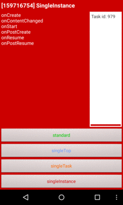 Novoda Demo App, After Starting singleInstance Activity