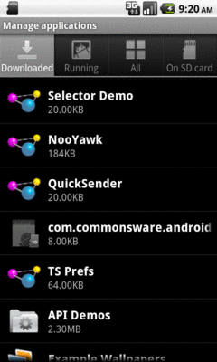 The Manage Applications list, with an application shown from a removed SD card