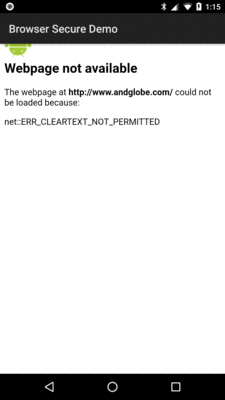 BrowserSecure Sample, Showing Banned Cleartext Traffic