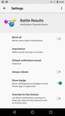 Notification Settings, Showing Channel Configuration