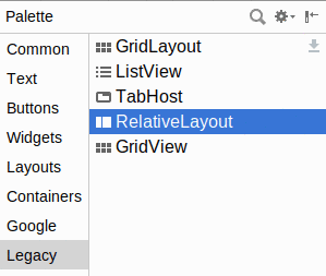 Legacy Section of Palette, RelativeLayout Highlighted