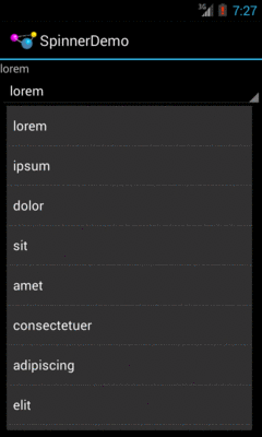 SpinnerDemo, with Spinner Drop-Down List Displayed